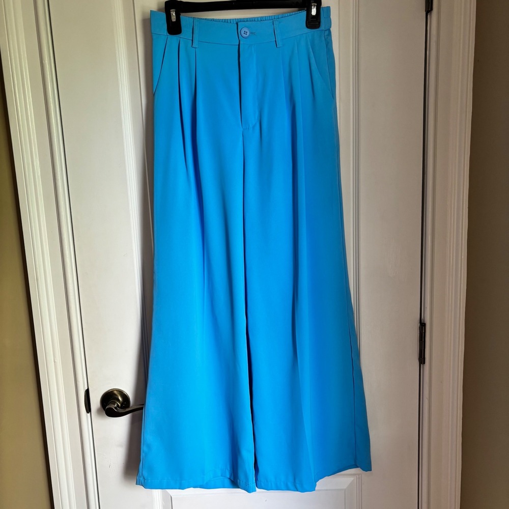 PRETTYGARDEN Womens Wide Leg Pants Sky Blue High Waisted Pleated Trousers Size M